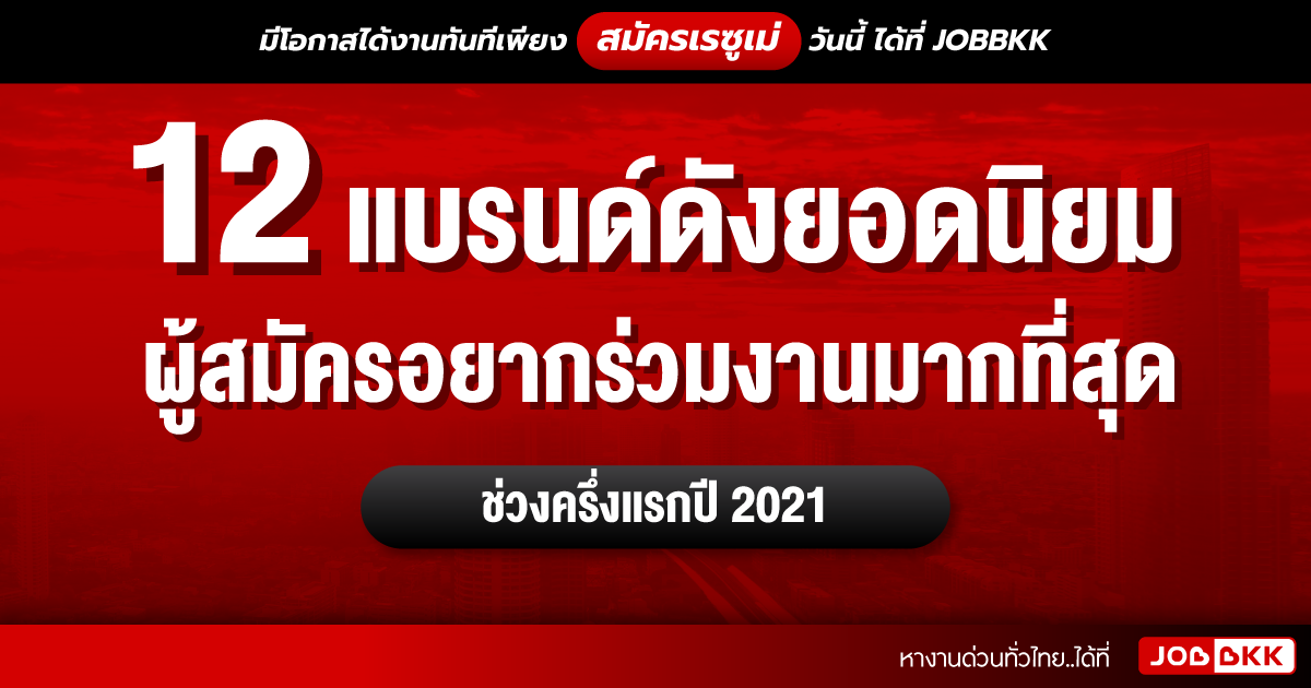 หางาน,สมัครงาน,งาน,12 แบรนด์ดังยอดนิยม ผู้สมัครอยากร่วมงานมากที่สุด ช่วงครึ่งแรกปี 2021